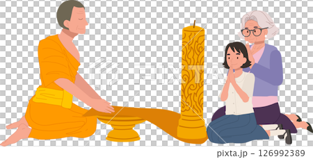 Elderly woman and grandchild offer a candle to a monk during a buddhist holiday. Buddhist Lent 126992389