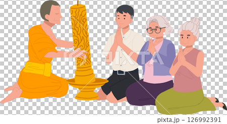 Elderly woman and grandchild offer a candle to a monk during a buddhist holiday. Buddhist Lent Elderly woman and grandchild offer a candle to a monk during a buddhist holiday. Buddhist Lent 126992391