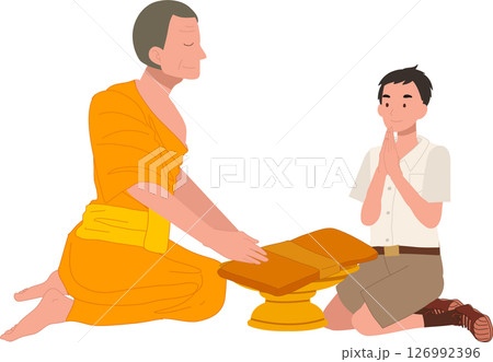 A Thai student boy offers a bathing robe to a monk during Buddhist Lent 126992396