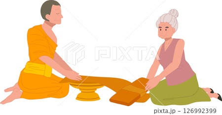 thai buddhist tradition elderly woman offering robe to monk on buddhist lent day thai buddhist tradition elderly woman offering robe to monk on buddhist lent day 126992399
