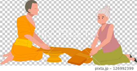 thai buddhist tradition elderly woman offering robe to monk on buddhist lent day thai buddhist tradition elderly woman offering robe to monk on buddhist lent day 126992399