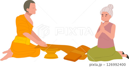 thai buddhist tradition elderly woman offering robe to monk on buddhist lent day thai buddhist tradition elderly woman offering robe to monk on buddhist lent day 126992400