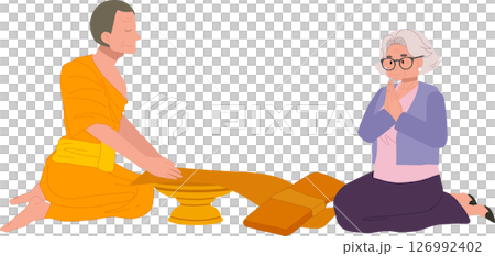 thai buddhist tradition elderly woman offering robe to monk on buddhist lent day thai buddhist tradition elderly woman offering robe to monk on buddhist lent day 126992402