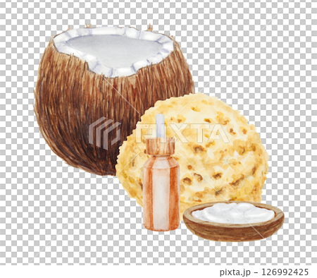 Watercolor illustration of tropical spa elements including coconut, natural sponge, essential oil bottle, and coconut cream. Ideal for wellness, skincare, natural beauty, and self-care themes. 126992425
