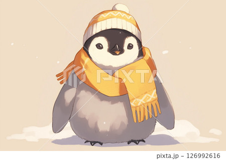 マフラーとニット帽をかぶったペンギン 126992616