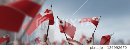 Tonga flags in their hands on a blurred urban background Tonga flags in their hands on a blurred urban background 126992670