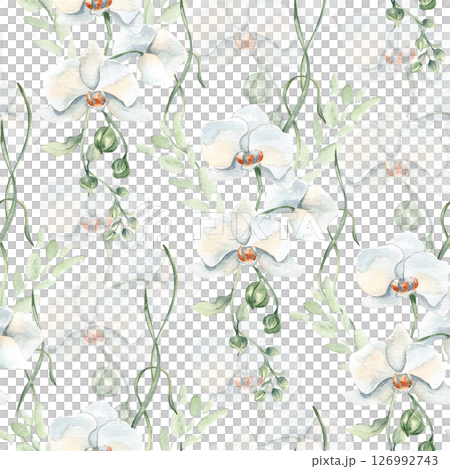 Seamless floral watercolor background with blooming white orchids, buds, and gentle botanical stems leaves hand drawn isolated. Flowers repeated design neutral colors for fabrics and wallpaper. 126992743