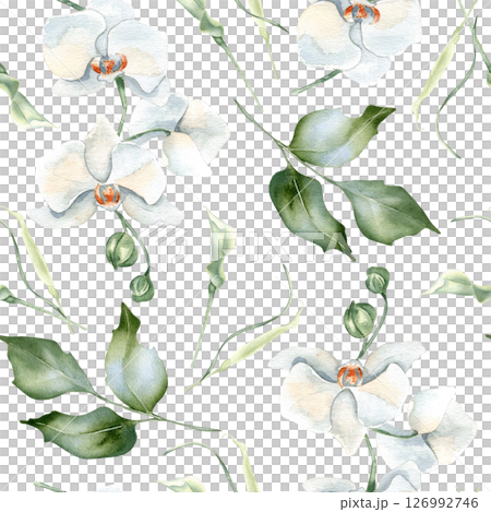 White orchids, holly leaves and soft greenery pastel watercolor seamless floral pattern isolated . Elegant botanical repeat design for wedding stationery, fabrics, eco friendly packaging, wallpaper. White orchids, holly leaves and soft greenery pastel watercolor seamless floral pattern isolated . Elegant botanical repeat design for wedding stationery, fabrics, eco friendly packaging, wallpaper. 126992746