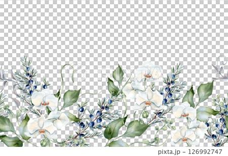 Horizontal winter floral seamless border with white orchid blooms, juniper and greenery hand drawn. Watercolor flowers and holly isolated for holiday cards, nature winter prints and vintage packaging. 126992747