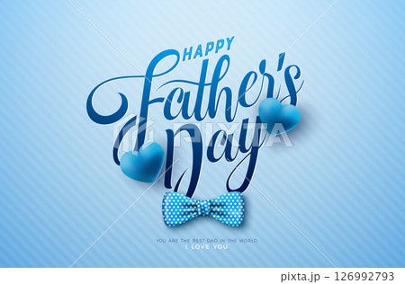 Happy Father's Day Greeting Card Design with Dotted Bow Tie, Heart and Typography Lettering on Light Blue Background. Vector Celebration Illustration for the Best Dad. Fathers Day Template for Banner 126992793