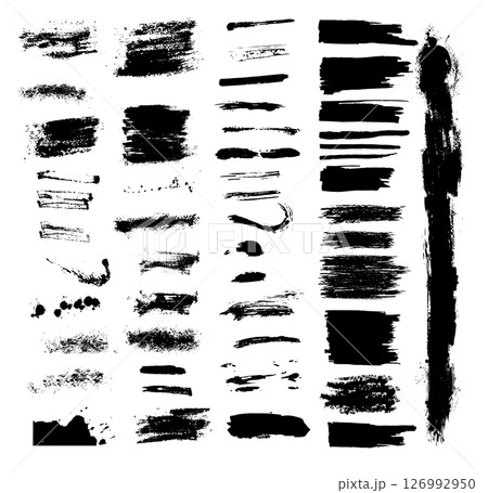 Collection of paint brush stroke, ink splatter, grunge line, artistic design elements. Dirty overlay, watercolor splash, black silhouette. Social media business banner art. hand drawn. Not AI Vector 126992950