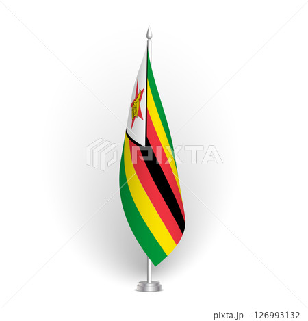 Zimbabwe flag - 3D standard conference flag hanging on ground flagpole. Usable for summit, indoor meeting, board room, government office, press room or reception. Vector flag with shading 126993132