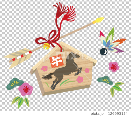 Paper cutout votive plaque for the year of the snake (black horse) with hamaya arrow, pine, bamboo and plum and feathers 126993134