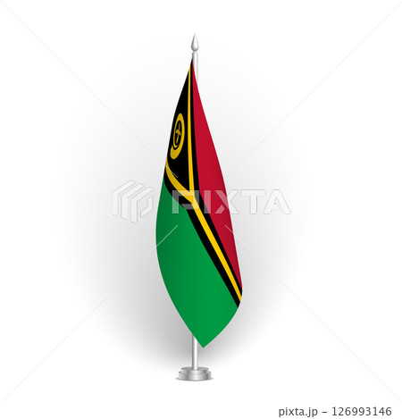 Vanuatu flag - 3D standard conference flag hanging on ground flagpole. Usable for summit, indoor meeting, board room, government office, press room or reception. Vector flag with shading 126993146