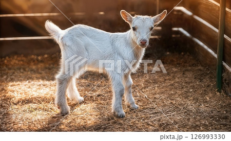 Adorable Indoorreared Kid Goat Resting Comfortably on Straw Bedding in Cozy Animal Pen Warm Tranquil Scene Captured in High Resolution 126993330