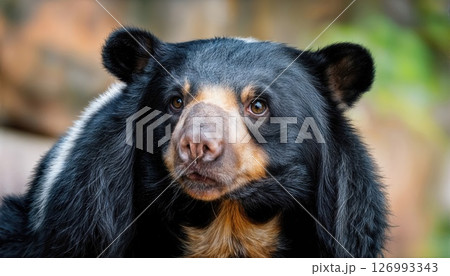 Vivid and Intimate Portrait of a Solitary Spectacled Bear, Captured in Striking Clarity with Depth of Field Blur, Showcasing its Striking Facial Features and Mesmerizing Eyes amidst the Dense 126993343