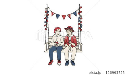Friends Enjoying Drinks on Porch Swing 126993723