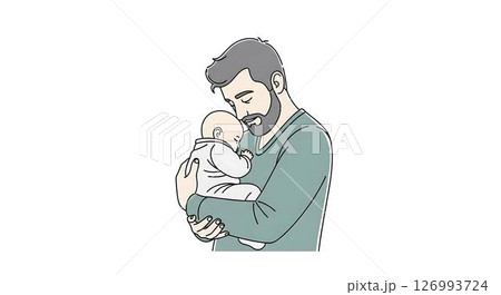 Father holding sleeping baby, line art 126993724