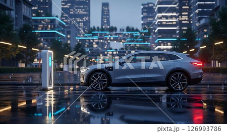 Electric Car Charging at Night in City Electric Car Charging at Night in City 126993786