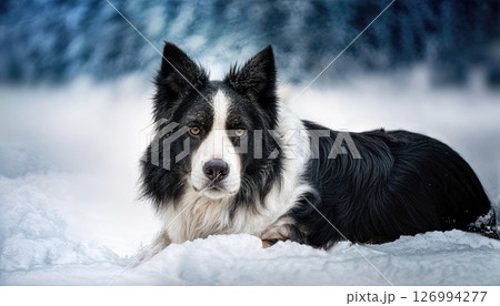 Stark Contrast Black White Canine Resting Peacefully Amidst Snowy Wonderland Capturing the Winters Pure Majesty 126994277