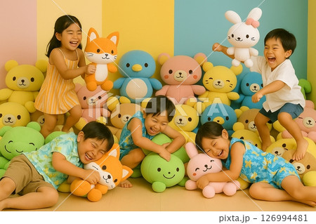 キッズルームでたくさんのぬいぐるみと遊んでいる子供達 キッズルームでたくさんのぬいぐるみと遊んでいる子供達 126994481