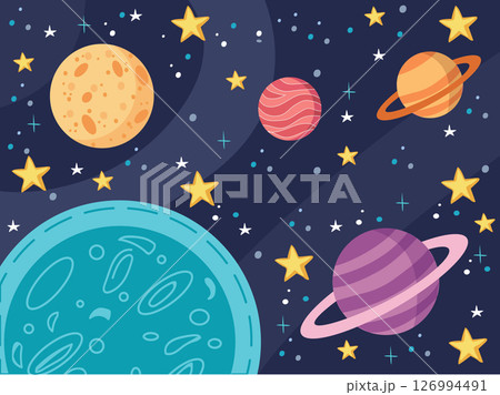 cartoon space background with colorful space with planets and stars 126994491