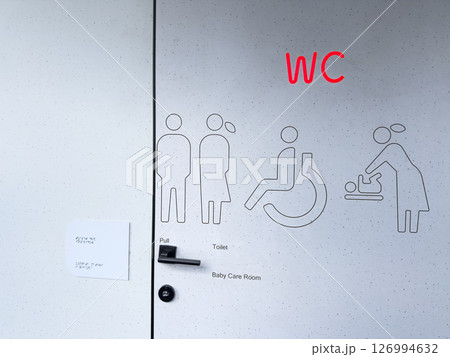 Inclusive WC door with clear pictograms for men, women, disabled access, and baby care. Red illuminated sign and modern minimal design highlight accessibility in public facilities Inclusive WC door with clear pictograms for men, women, disabled access, and baby care. Red illuminated sign and modern minimal design highlight accessibility in public facilities 126994632
