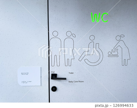 Modern accessible WC door with glowing green signage and clear pictograms for men, women, disabled users, and baby care. Inclusive design promoting visibility and universal access Modern accessible WC door with glowing green signage and clear pictograms for men, women, disabled users, and baby care. Inclusive design promoting visibility and universal access 126994633