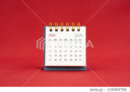 January Mini calendar for 2026 year on red background. 126994706
