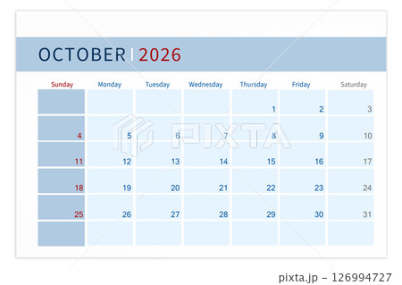 Blank calendar page for October 2026 year isolated on white background. 126994727