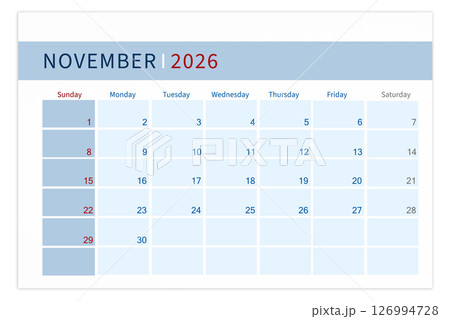 Blank calendar page for November 2026 year isolated on white background. 126994728