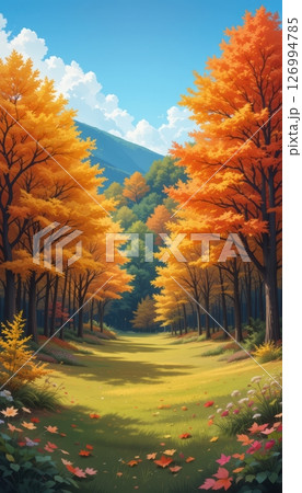 Golden Autumn Forest Clearing with Distant Mountains 126994785