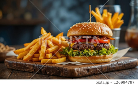 Classic Cheeseburger and Fries on Wooden Board 126994797