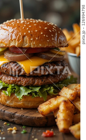 Delicious Double Cheeseburger with Mushroom and Fries 126994798