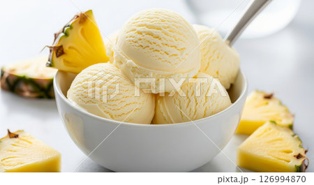 Close-up of a white bowl filled with three scoops of pineapple creamy ice cream, garnished with a fresh pineapple slices. 126994870