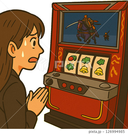 パチスロをプレイする女性（祈り） 126994985