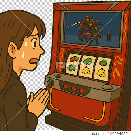 パチスロをプレイする女性（祈り） 126994985