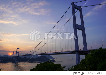 糸山公園から見る明け方の来島海峡大橋 126995002