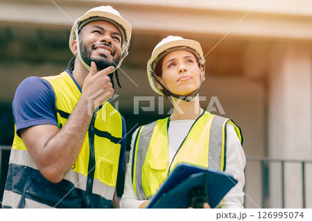 Happy Construction Engineer man smiling, foreman worker satisfied with project success happiness smile 126995074