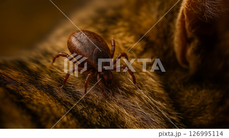 Macro image of a brown tick crawling through dense animal fur, close to a pet's ear 126995114