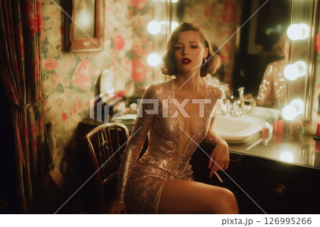 1940s Jazz Singer Backstage in Sequins, Lit by Vanity Mirror Glow 126995266