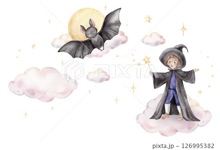 Watercolor hand drawn illustration of the wizard in a hat and cloak with a magic wand for Halloween on clouds with stars and moon. Pastel witch with cute black bat for kids greeting cards. 126995382