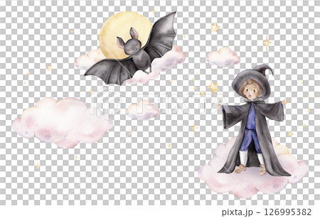 Watercolor hand drawn illustration of the wizard in a hat and cloak with a magic wand for Halloween on clouds with stars and moon. Pastel witch with cute black bat for kids greeting cards. 126995382
