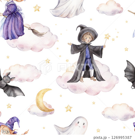 Seamless pattern for Halloween with wizard in a hat and cloak with a magic wand with stars, witch on a broomstick, bat and ghost on sky with clouds. Hand drawn fantasy illustrations for kids' design Seamless pattern for Halloween with wizard in a hat and cloak with a magic wand with stars, witch on a broomstick, bat and ghost on sky with clouds. Hand drawn fantasy illustrations for kids' design 126995387