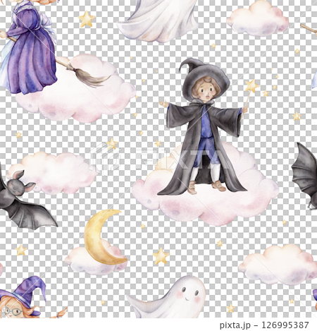Seamless pattern for Halloween with wizard in a hat and cloak with a magic wand with stars, witch on a broomstick, bat and ghost on sky with clouds. Hand drawn fantasy illustrations for kids' design Seamless pattern for Halloween with wizard in a hat and cloak with a magic wand with stars, witch on a broomstick, bat and ghost on sky with clouds. Hand drawn fantasy illustrations for kids' design 126995387