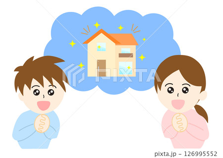 家を買うイメージのイラスト素材。マイホームを夢見てうれしそうな若い女性と男性の夫婦 126995552