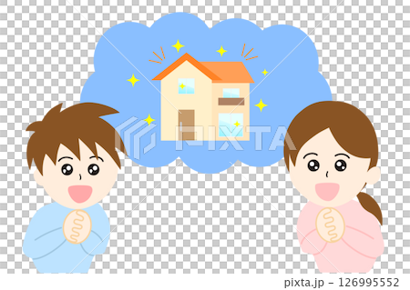 家を買うイメージのイラスト素材。マイホームを夢見てうれしそうな若い女性と男性の夫婦 126995552
