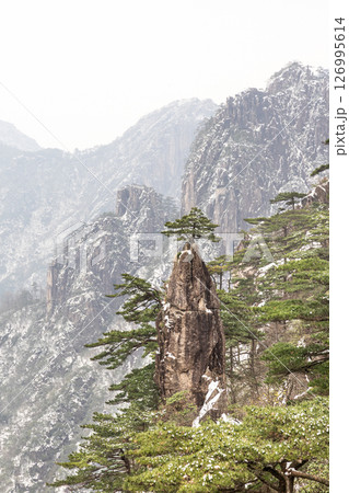 The Magic Brush with Flower on Tip Peak formation in Huangshan or Yellow Mountain in China. Popular tourism destination. 126995614