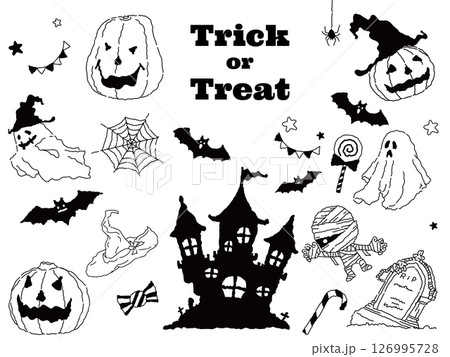 かわいいハロウィンの線画イラストのモノクロセット かわいいハロウィンの線画イラストのモノクロセット 126995728