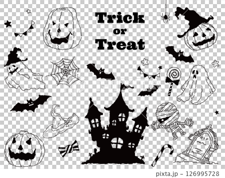 かわいいハロウィンの線画イラストのモノクロセット かわいいハロウィンの線画イラストのモノクロセット 126995728